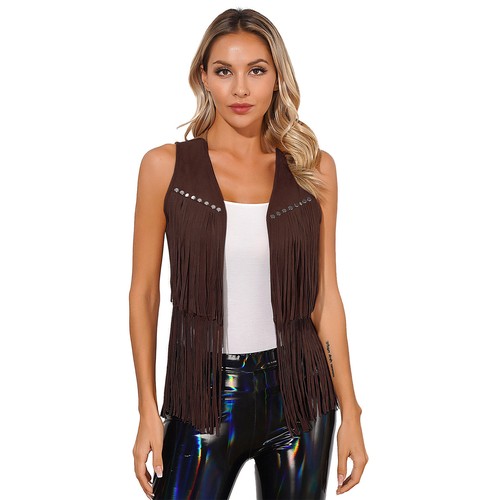 Damen Western Cowgirl Kostüm Fransen Kunstleder Weste Weste Cardigan - Bild 68 von 85