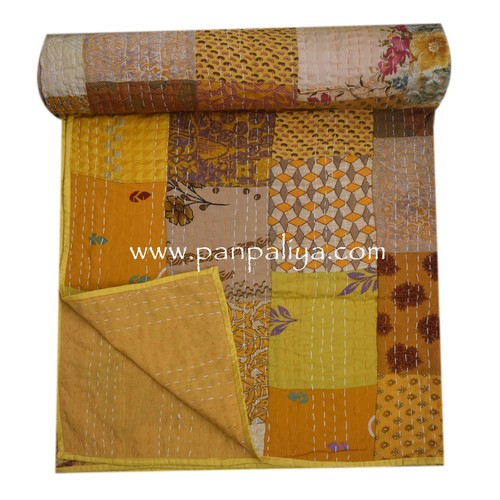 Indian bohemian different design and color silk patchwork kantha stitch quilt - Picture 10 of 12