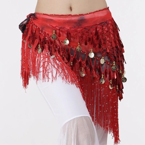 Women's BellyDance Accessories Lace Tassel Tie Dye Triangle Strap Coin Hip Scarf - Picture 5 of 29