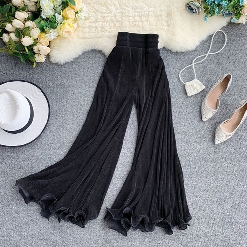 Women Summer Elastic Waist Pleated Wide Leg Pants Flounces Fishtail Bell-Bottoms - Bild 2 von 12