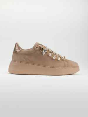 Sneakers Stokton in Camoscio Beige, con collana apina, back oro