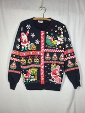 Vtg 80s Santa Sweatshirt M Black Christmas Holiday Puffy Paint Glitter Retro