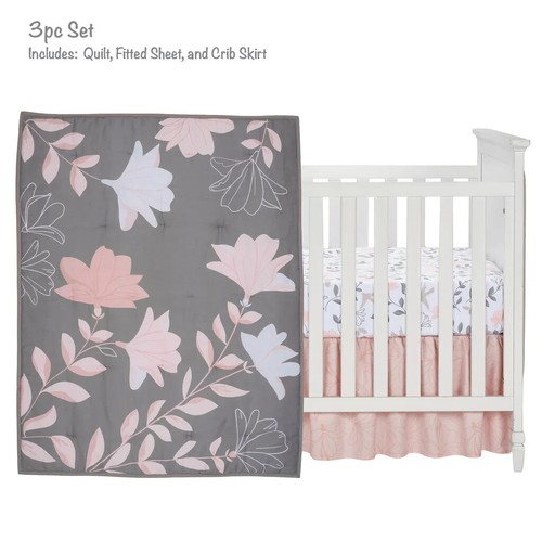 L&I - Petals Gray/Pink Cotton Sateen Floral 3-Piece Girl Baby Crib Bedding Set - Picture 3 of 10