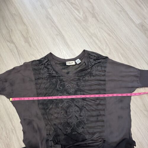 Miss Me Mulberry Silk Gray Stripe Sheer Embellished Top Womens Medium - Picture 2 of 7