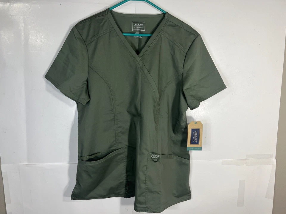 Cherokee Workwear Revolution Womens V Neck Scrub Top Sz L Green Pockets NWT - Image 2 of 4