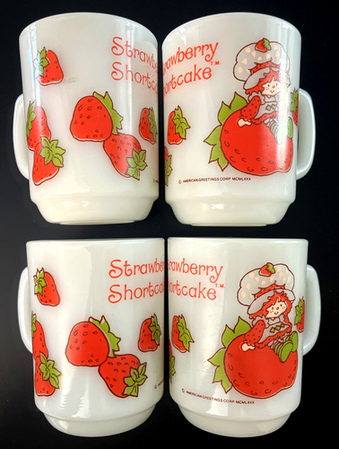 Vtg Strawberry Shortcake Mug Lot 4 Cup Milk Glass Anchor Hocking 80s Ovenproof