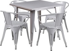 31.5'' Industrial Silver Metal Indoor-Outdoor Restaurant Table Set w/4 Arm Chair