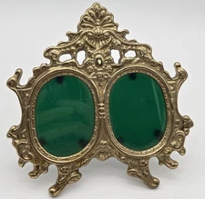 Vintage Brass Green Glass Victorian Double Oval Standing Picture Frame