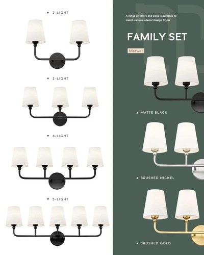 Bathroom Light Fixtures, Matte Black Vanity Lights with Flared White Fabric S... - Picture 8 of 8