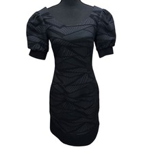 ELENE CASSIS Black Textured Puff Sleeve Fitted Dress 4 Lined Cocktail Evening