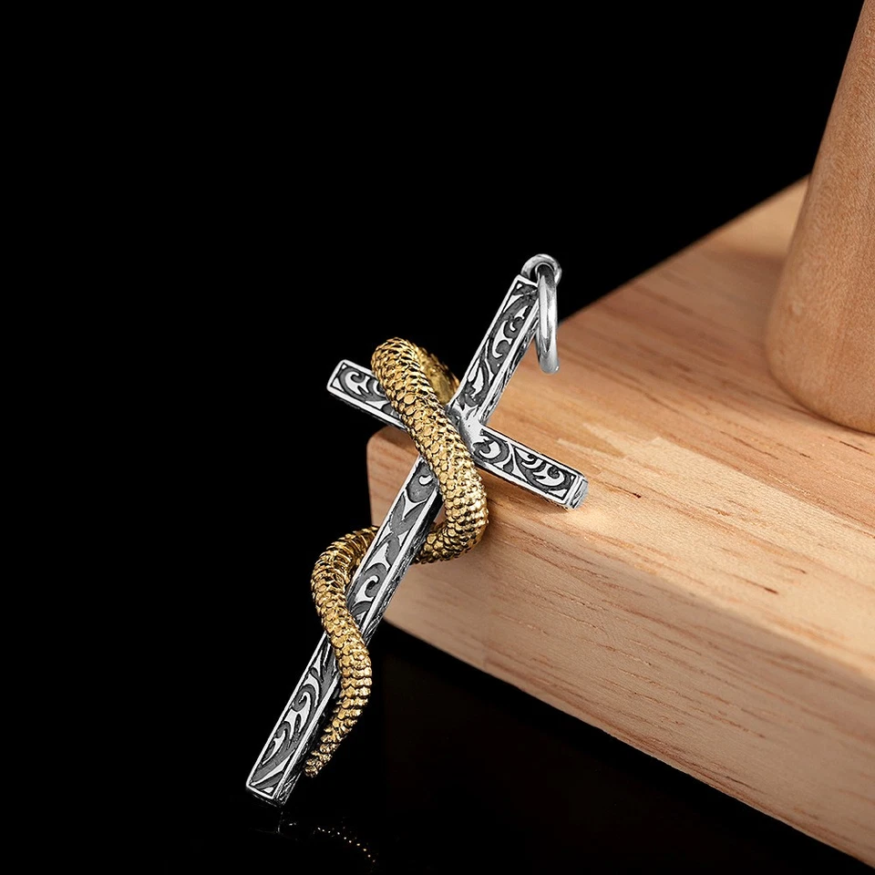 Colgante Cruz Serpiente Vintage Plata de Ley 925 y Latón Gótico Motociclista Dije Foto 2 de 4