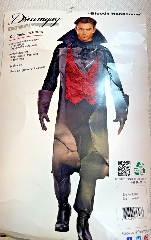 Para Hombres "Bloody Handsome" Vampiro Halloween Disfraz Abrigo Solo Mediano Terciopelo Negro Foto 2 de 4