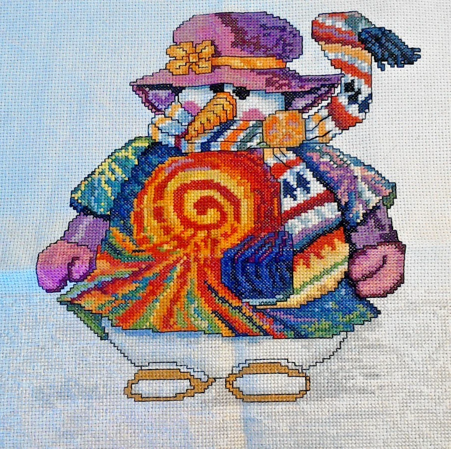 COMPLETED FINISHED CROSS STITCH "TIE DYED SNOWMAN” Vickey Macky design