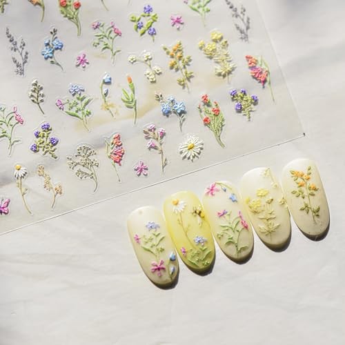 Flower Nail Art Sticker - Floral Leaf Plant 5D Embossed Nail Decals - Self