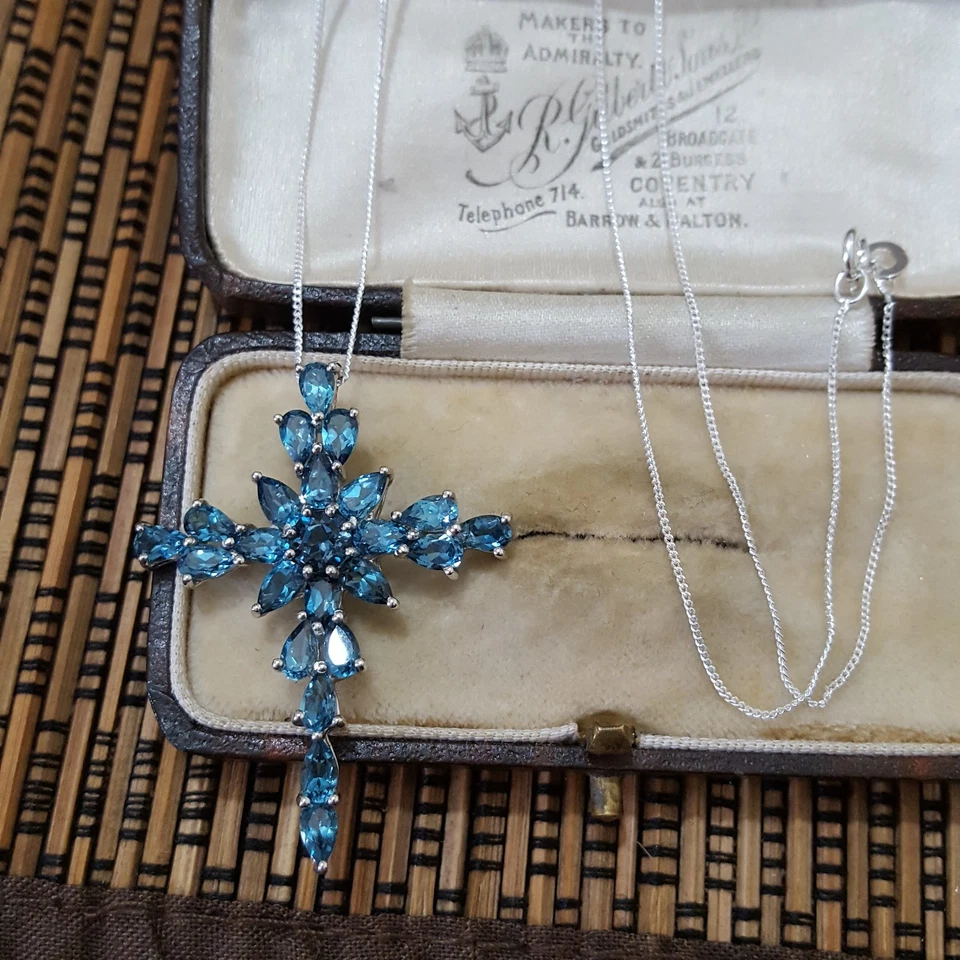 925 Sterling Silver Necklace, Genuine London Blue Topaz Cross, 18" Chain - Image 2 of 4
