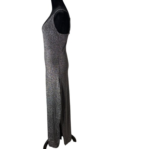 Forever 21 Metallic Silver Maxi Dress Size M High Split Sparkly Party Stretch - Picture 7 of 10