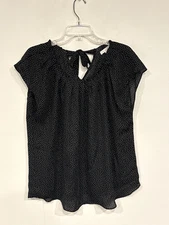 Lauren Conrad Women's Blouse Size XL Black White Polka Dot Pleated Neck Tie Back