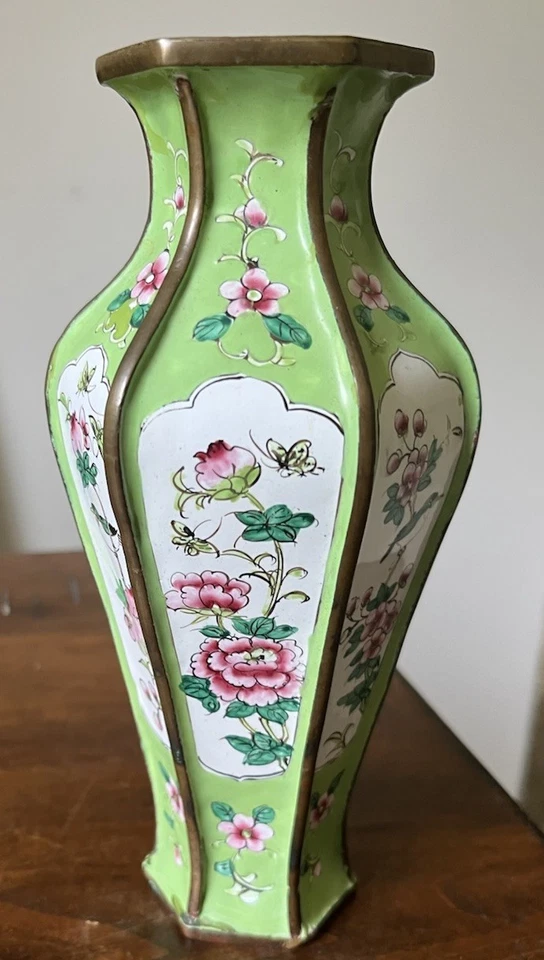 Antique Chinese Hexagonal Enamel Vase Canton 1920s Flower Bird Butterfly - Image 2 of 4