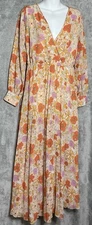 Indigo Rose Womens Large Maxi Dress Orange Pink Floral Long Sleeve Boho Festival