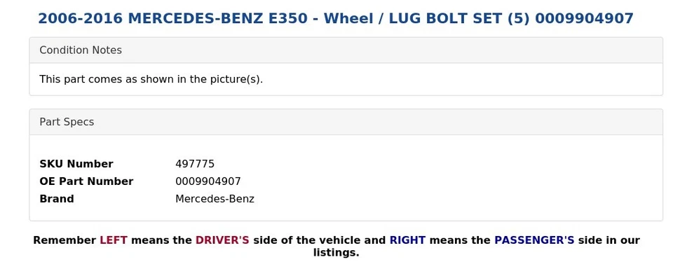 Mercedes-Benz E350 2006-2016 - Juego de tornillos de rueda / tuerca (5) 0009904907 Foto 3 de 3