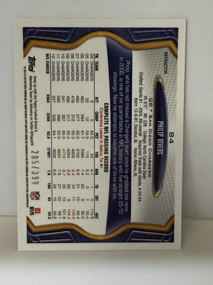 2013 Topps Chrome - Philip Rivers #84 BCA Pink Refractor /399 - Image 2 of 2