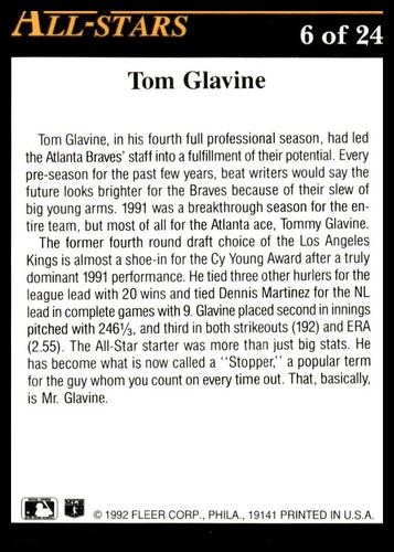 1992 Fleer #6 Tom Glavine All-Stars Atlanta Braves - Picture 2 of 2