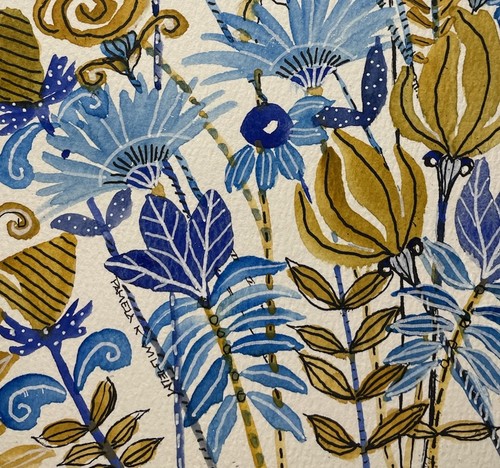 5.75x8”Pamela Wilhelm Original Ink & Watercolor whimsical gold aqua ultramarine - Picture 2 of 2