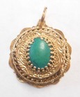 Solid 14K Yellow Gold Ornate Locket Pendant w Green Stone Cabochon Etched Design