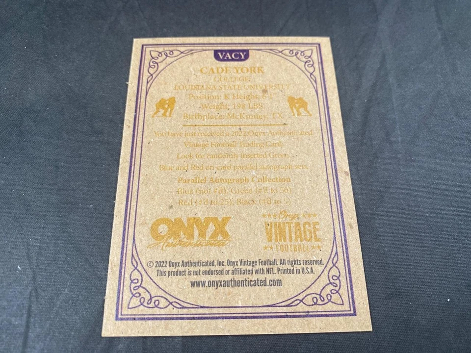 2022 ONYX VINTAGE FOOTBALL CADE YORK AUTO LSU - Image 2 of 2