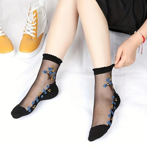5 Pairs Black Ladies Women Elastic Floral Short Ankle Sheer Stockings Silk Socks - Picture 2 of 8