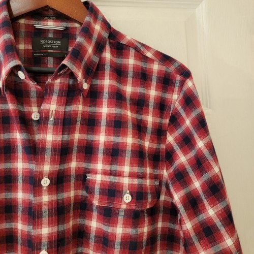 Nordstrom Flannel Shirt Men’s Size Large Red White Plaid Button Down NWOT NEW - Picture 4 of 10