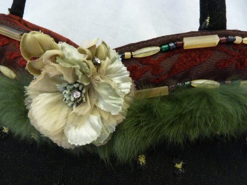 Designer MARY FRANCES vittoriano boho ~ perline ~ pelliccia ~ rosetta ~ borsa art-to-wear 2 cinghie - Foto 6 di 12