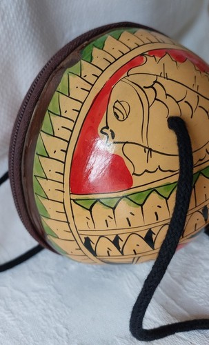 Vintage Hand Painted Coconut Handbag, Shoulder Bag Fish & Geometric Design Boho - Picture 11 of 24