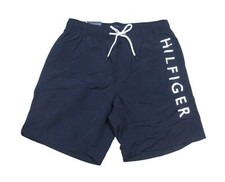 Tommy Hilfiger Men's Navy Blue Logo Print Solid 7" Swim Trunks