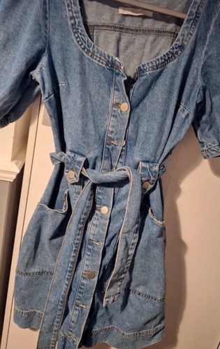 Michelle Keegan Denim Dress Size 6 UK Puff Sleeve Button Up Belted Mini Sexy - Picture 5 of 13