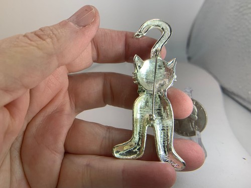 Christmas Cat Glitter Enamel Vintage Silver Brooch Pin V-9378* - Picture 3 of 3