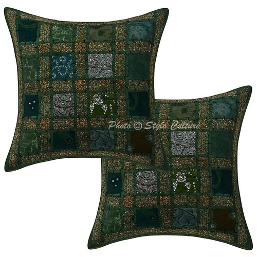 Indian Embroidered Cotton Pillow Case Cover Patchwork Vintage Cushion Cover Pair - Picture 38 of 64