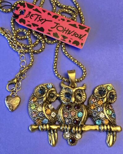 Betsey Johnson 3 THREE Multicolor OWLS SITTING ON BRANCH Gold NECKLACE Copper
