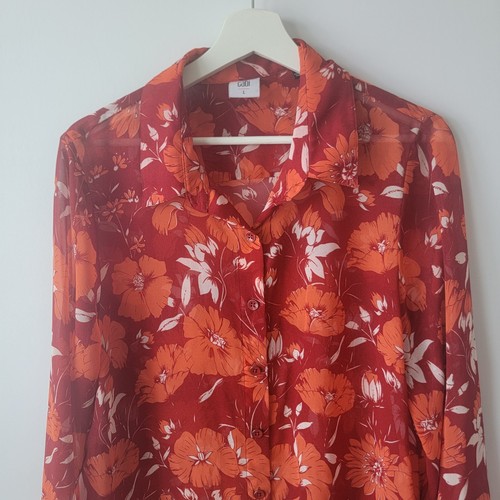 Cabi womens Hothouse Semi Sheer Blouse size L Red Orange Floral long sleeve - Picture 3 of 10
