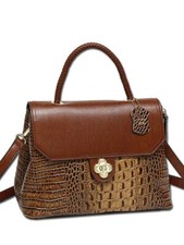Mc Handbags #1022 Cognac Croco Embossed 2 Tone Genuine Leather Flap Satchel