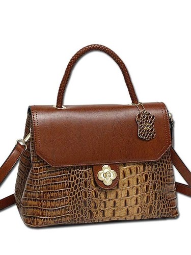 MC HANDBAGS #1022 COGNAC Croco Embossed 2 Tone Genuine Leather Flap Satchel - Picture 1 of 3