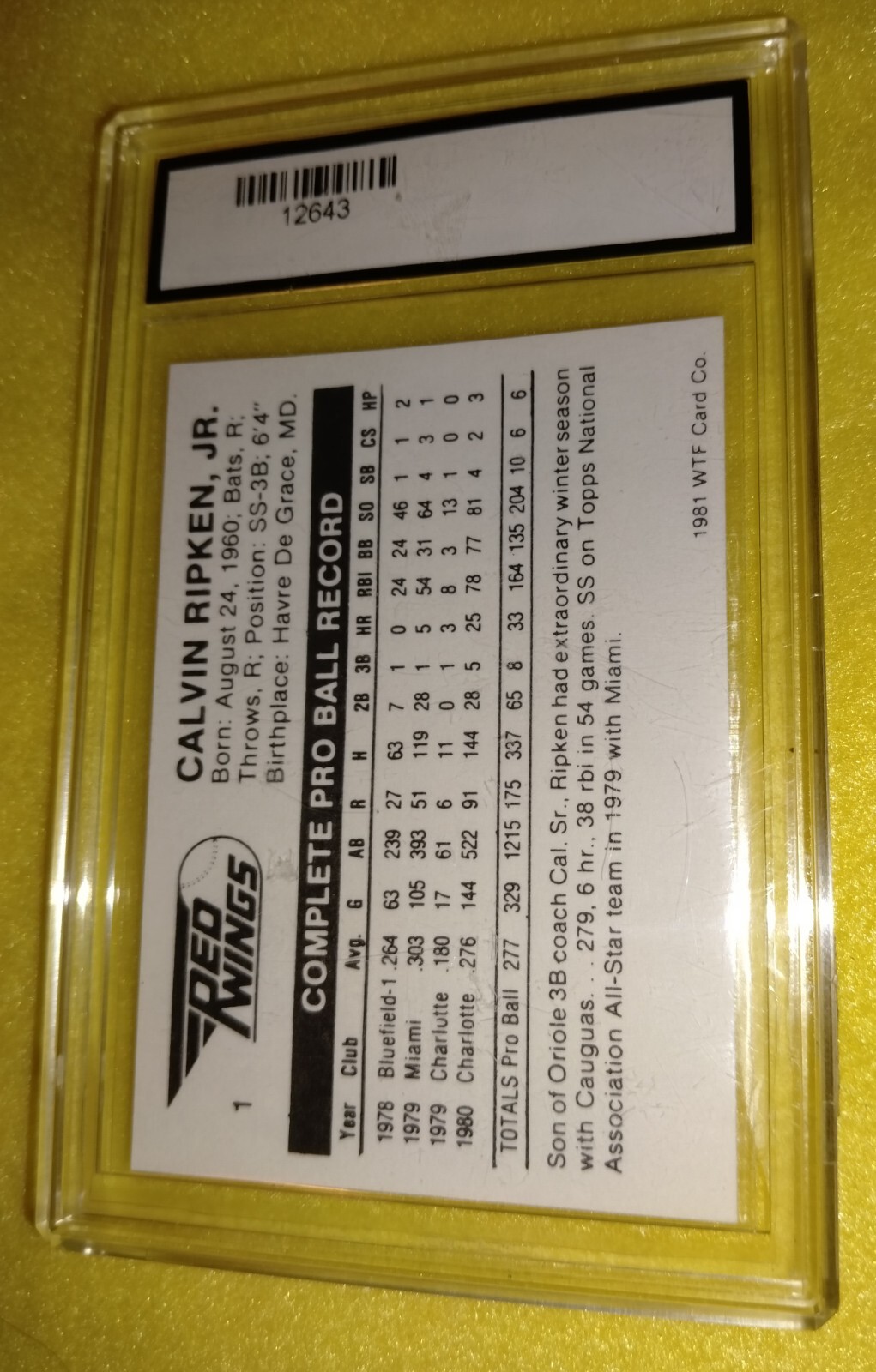 1981 WTF Rochester Red Wings 1 Cal Ripken Jr. minor league GEM MINT 10