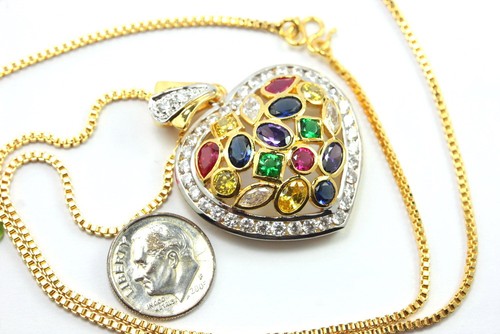 Beautiful Multi CZ Heart Pendant 22" Chain Necklace 24K GP Gold Thai Made GT43 - Picture 4 of 6