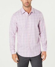 115 Tasso Elba 14-14.5 Men Stretch Pink Plaid Long-Sleeve Cotton Dress Shirt S