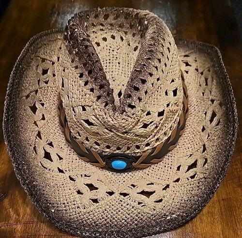 Summer Beach Sun Hat Straw Cowboy Hat Mens Cowboy Hats Rural With Blue Stone - Picture 2 of 9