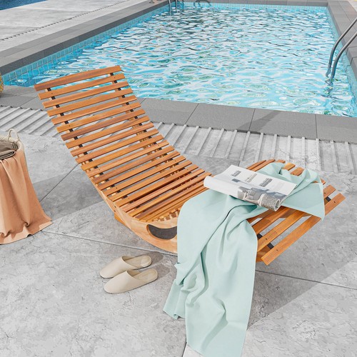 Outdoor Chaise Lounge with High Back Slatted Seat Stopper Outside Wood Rocker - Picture 3 of 10