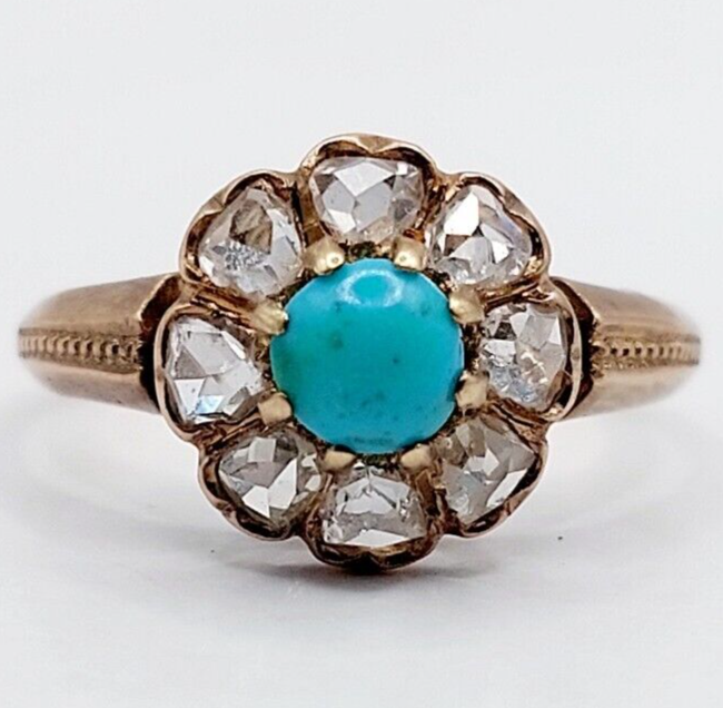 Bague marguerite antique or 18k turquoise et diamant taille rose