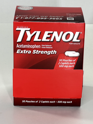 Tylenol for Adults Extra Strength | 50 Pouches of 2 Caplets Each | 500 mg Each