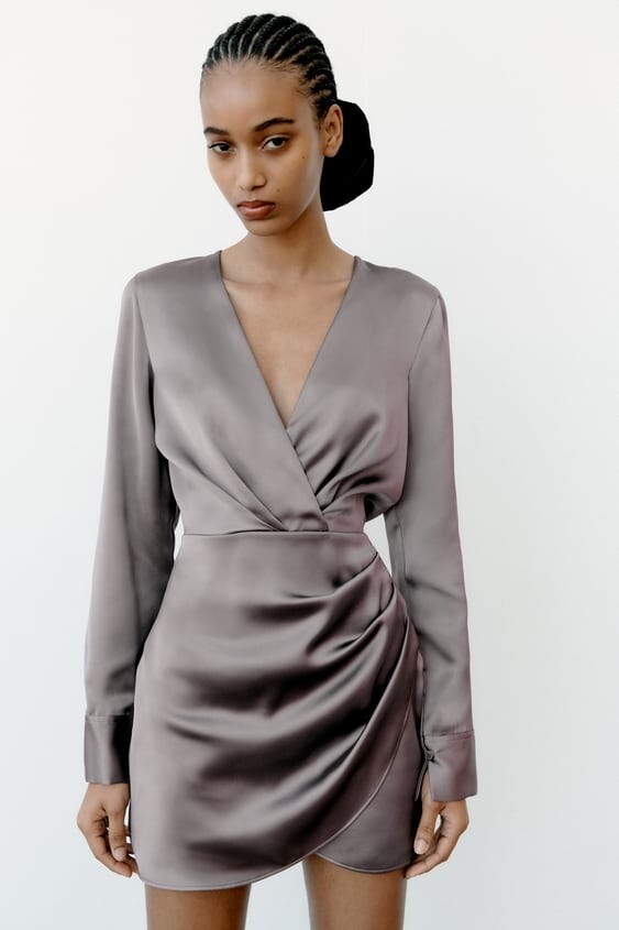 NWT ZARA GREY SATIN SHORT WRAP DRESS LONG SLEEVES SIZE S | eBay