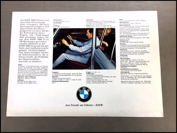 1966 BMW 2000TI 2000 TI Vintage German 1-page Car Brochure Spec Card Foto 2 de 2